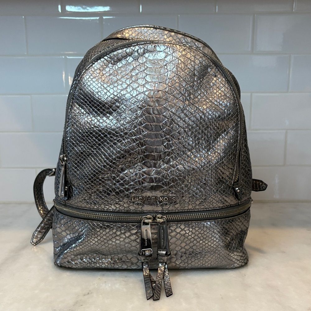 Michael Kors Backpack Bag Leather Purse Handbag Rhea Metallic Silver Snake Print